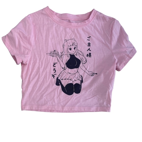 Romwe Womens Top Size Small Pink Kawaii J Fashion Decora Graphic Crop Tee - Picture 1 of 4